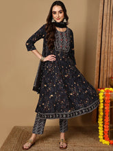 Women Charcoal Pure Cotton Floral Printed Yoke Design Kurta Trouser With Dupatta